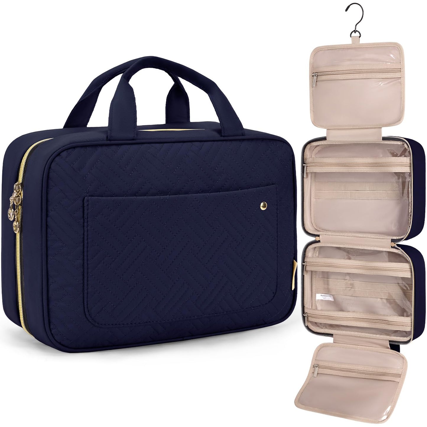 BAGSMART Large Toiletry Bag Travel Bag with Hanging Hook, Water-resistant Makeup Cosmetic Bag Travel Organizer for Accessories, Shampoo, Full Sized Container, Toiletries