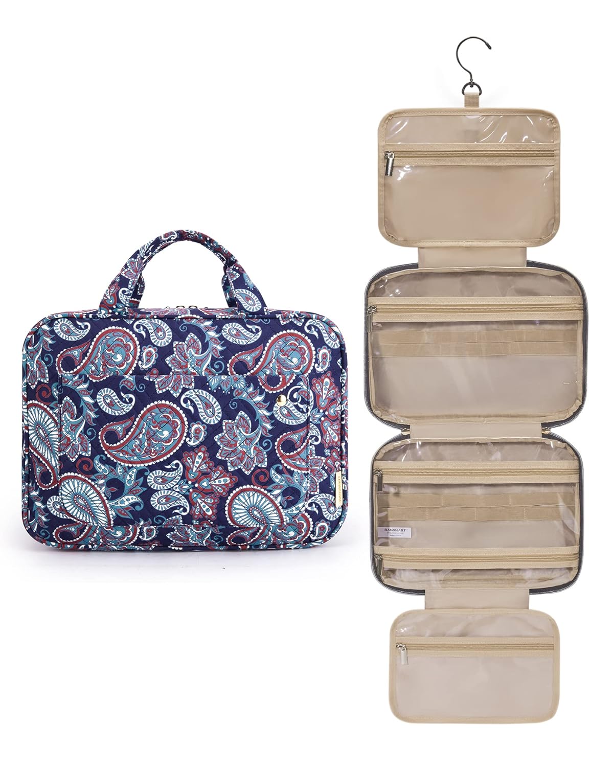 BAGSMART Large Toiletry Bag Travel Bag with Hanging Hook, Water-resistant Makeup Cosmetic Bag Travel Organizer for Accessories, Shampoo, Full Sized Container, Toiletries