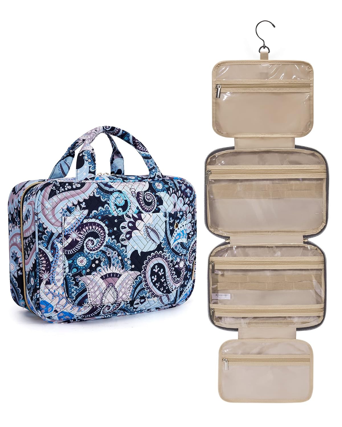 BAGSMART Large Toiletry Bag Travel Bag with Hanging Hook, Water-resistant Makeup Cosmetic Bag Travel Organizer for Accessories, Shampoo, Full Sized Container, Toiletries
