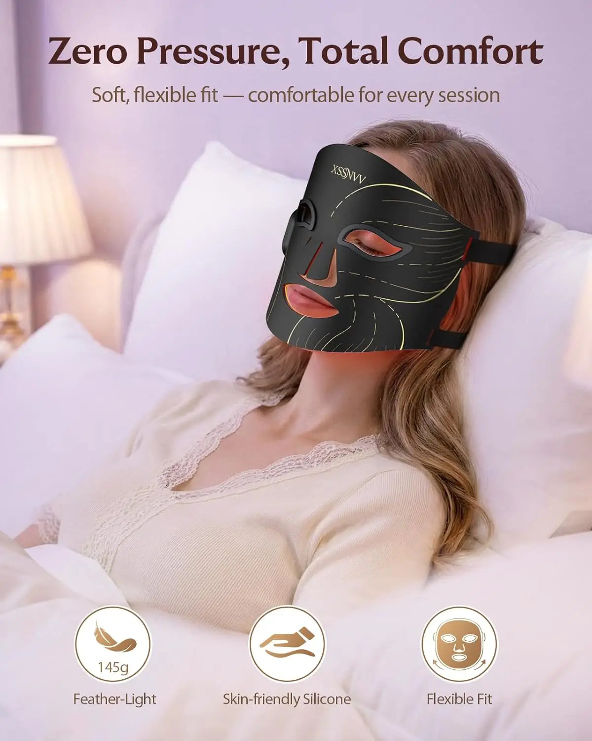 Draadloze roodlichttherapiemasker voor het gezicht, 4 standen, lichtgewicht LED-masker met 850nm infrarood, 10 minuten timer voor thuisgebruik.